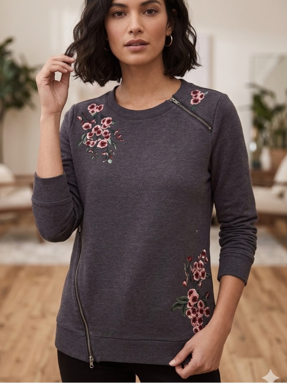 Nanette Lepore Floral Embroidered Side Zip Sweatshirt‎ Grey Medium